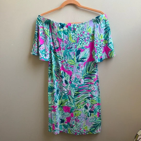 Lilly Pulitzer Fawcett off shoulder dress Early Bloomer print Size Small - Picture 2 of 5